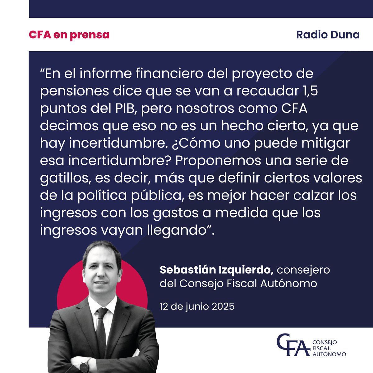 Consejo Fiscal Autónomo (@consejofiscalch) on Twitter photo CFA en la prensa 📻 | El consejero del <a href="/ConsejoFiscalCh/">Consejo Fiscal Autónomo</a> #CFA, Sebastián Izquierdo, conversó con <a href="/RadioDuna/">Radio Duna</a>. En la entrevista, el economista ahondó en el informe del #CFA publicado este jueves 12 de junio sobre cómo fueron abordados los riesgos fiscales identificados durante la CFA en la prensa 📻 | El consejero del <a href="/ConsejoFiscalCh/">Consejo Fiscal Autónomo</a> #CFA, Sebastián Izquierdo, conversó con <a href="/RadioDuna/">Radio Duna</a>. En la entrevista, el economista ahondó en el informe del #CFA publicado este jueves 12 de junio sobre cómo fueron abordados los riesgos fiscales identificados durante la