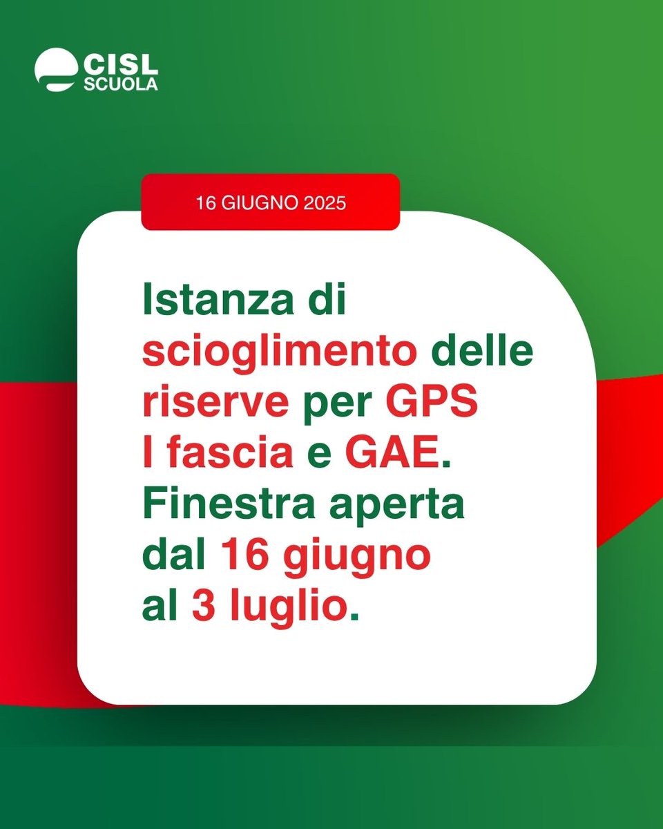 Tra il #16giugno 2025 (h. 9,00) e il #3luglio 2025 (h. 23,59), saranno disponibili su #IstanzeOnLine le funzioni telematiche per la presentazione delle #istanze di #scioglimento della #riserva, ai fini dell’inclusione a pieno titolo negli #elenchiaggiuntivi alle #GPS di #Ifascia,