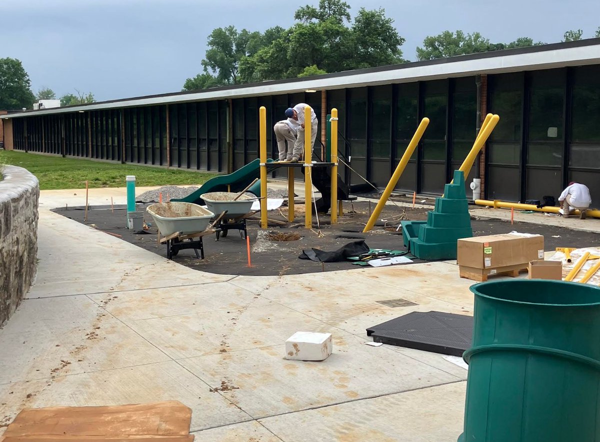 Summer renovation update!
✅ Fresh carpet &amp; paint in 4th &amp; 5th grade rooms
✅ New classroom door cut to Room 14’s intervention space
✅ New kindergarten playground equipment installation
✅ Curb cut at the front driveway &amp; new layer of asphalt 
 Crews are doing an amazing job!