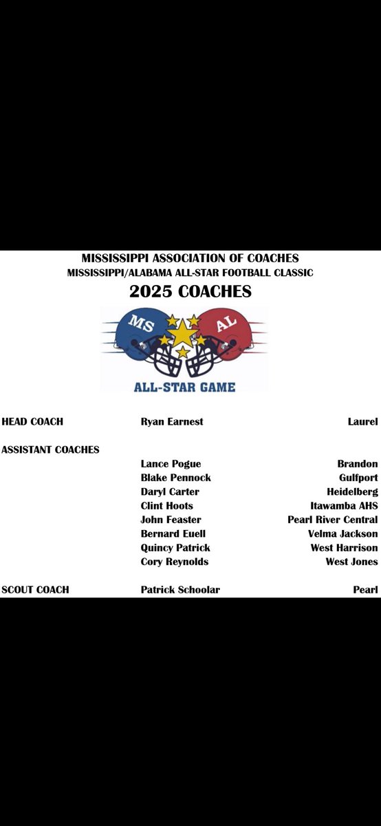 bshields0244's tweet photo. Here’s the Mississippi coaching staff for the 2025 MS/AL All-Star Game. The game will be played on Saturday, Dec. 13 at Southern Miss’ M.M. Roberts Stadium. Kickoff is at 12 p.m. 🏈🏈 https://t.co/U2ShThEytT
