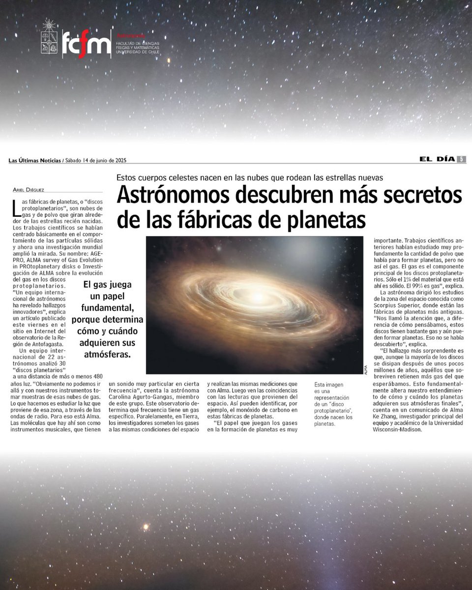 Astronomía UChile (@astrouchile) on Twitter photo ¡Estamos en <a href="/lun/">Las Últimas Noticias</a>🎉!
Astrónomos acaban de hacer un masivo hallazgo estudiando el material gaseoso de 30 discos protoplanetarios en distintas etapas evolutivas. Toda la información aquí: ¡Estamos en <a href="/lun/">Las Últimas Noticias</a>🎉!
Astrónomos acaban de hacer un masivo hallazgo estudiando el material gaseoso de 30 discos protoplanetarios en distintas etapas evolutivas. Toda la información aquí: