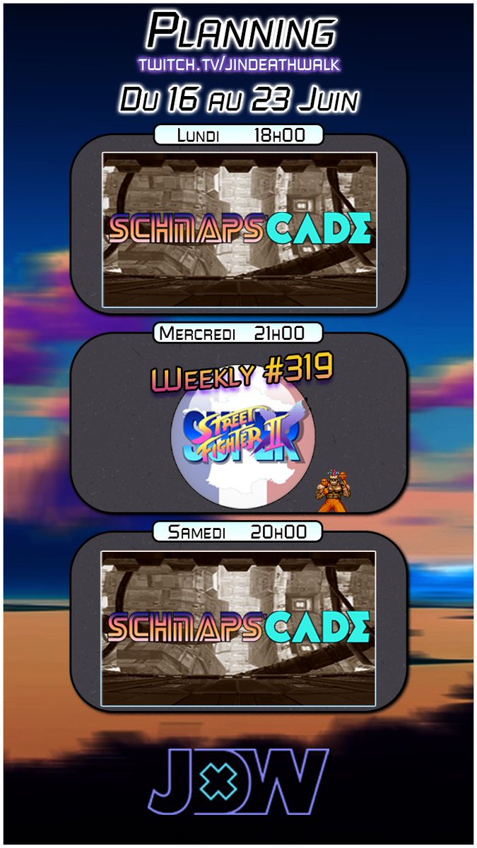 Jindeathwalk (@jindeathwalk) on Twitter photo C'est le retour des streams et du planning ce soir !
A 18h00 du Schnaps'cade
Mercredi 21h00 : Le Weekly #319 de <a href="/SSF2XFR/">Street Fighter 2X France</a> au format Swiss
Samedi soir 20h00 : Schnaps'cade pré-ranking <a href="/LaDoseNet/">LaDOSE.net 👥</a>
twitch.tv/jindeathwalk
Bonne semaine ! C'est le retour des streams et du planning ce soir !
A 18h00 du Schnaps'cade
Mercredi 21h00 : Le Weekly #319 de <a href="/SSF2XFR/">Street Fighter 2X France</a> au format Swiss
Samedi soir 20h00 : Schnaps'cade pré-ranking <a href="/LaDoseNet/">LaDOSE.net 👥</a>
twitch.tv/jindeathwalk
Bonne semaine !