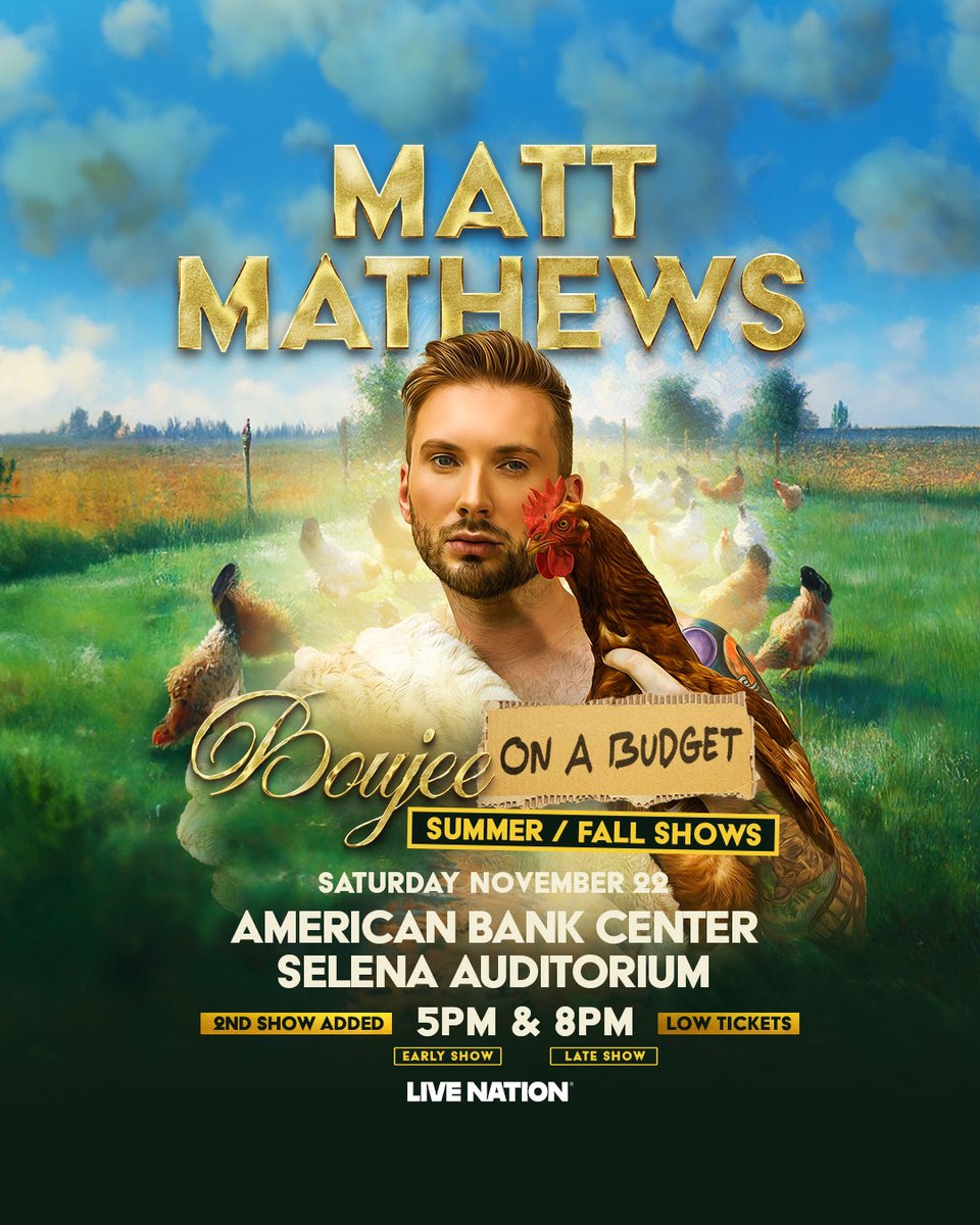 🚨 Second Show Added! 🚨

💰 Due to popular demand, Matt Mathews is adding a second show at 5pm on Saturday, November 22nd!

🎟 Tickets go on sale for the 5pm show this Wednesday at 10am.

OR you can grab the final tickets to the 8pm show now!
🎟 bit.ly/MattMathews_CC