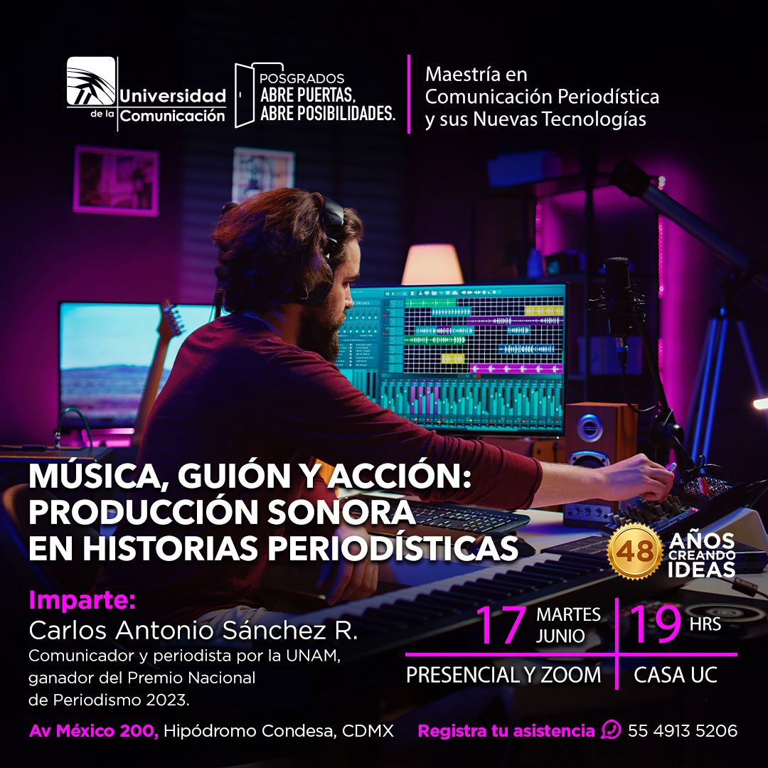 Guadalupe Gutiérrez (@eisaunam) on Twitter photo ¡Nos vemos mañana martes 17 de junio en la <a href="/UC_oficial/">Universidad de la Comunicación</a> !
Vengan a platicar con <a href="/CarloosAntonioo/">Carlos Antonio Sánchez</a> sobre:
"Música, guion y acción: producción sonora en historias periodísticas"
Presencial y zoom
Entrada libre ¡Nos vemos mañana martes 17 de junio en la <a href="/UC_oficial/">Universidad de la Comunicación</a> !
Vengan a platicar con <a href="/CarloosAntonioo/">Carlos Antonio Sánchez</a> sobre:
"Música, guion y acción: producción sonora en historias periodísticas"
Presencial y zoom
Entrada libre