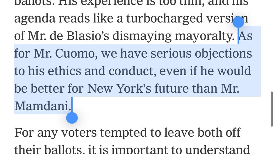 Sexual harassment is the canary in the corruption coal mine. Sexual harassment is corruption.

If Cuomo is willing to abuse government staff, he's sure as hell willing to abuse every other form of power they have.  

Corruption is not better for NY's future.