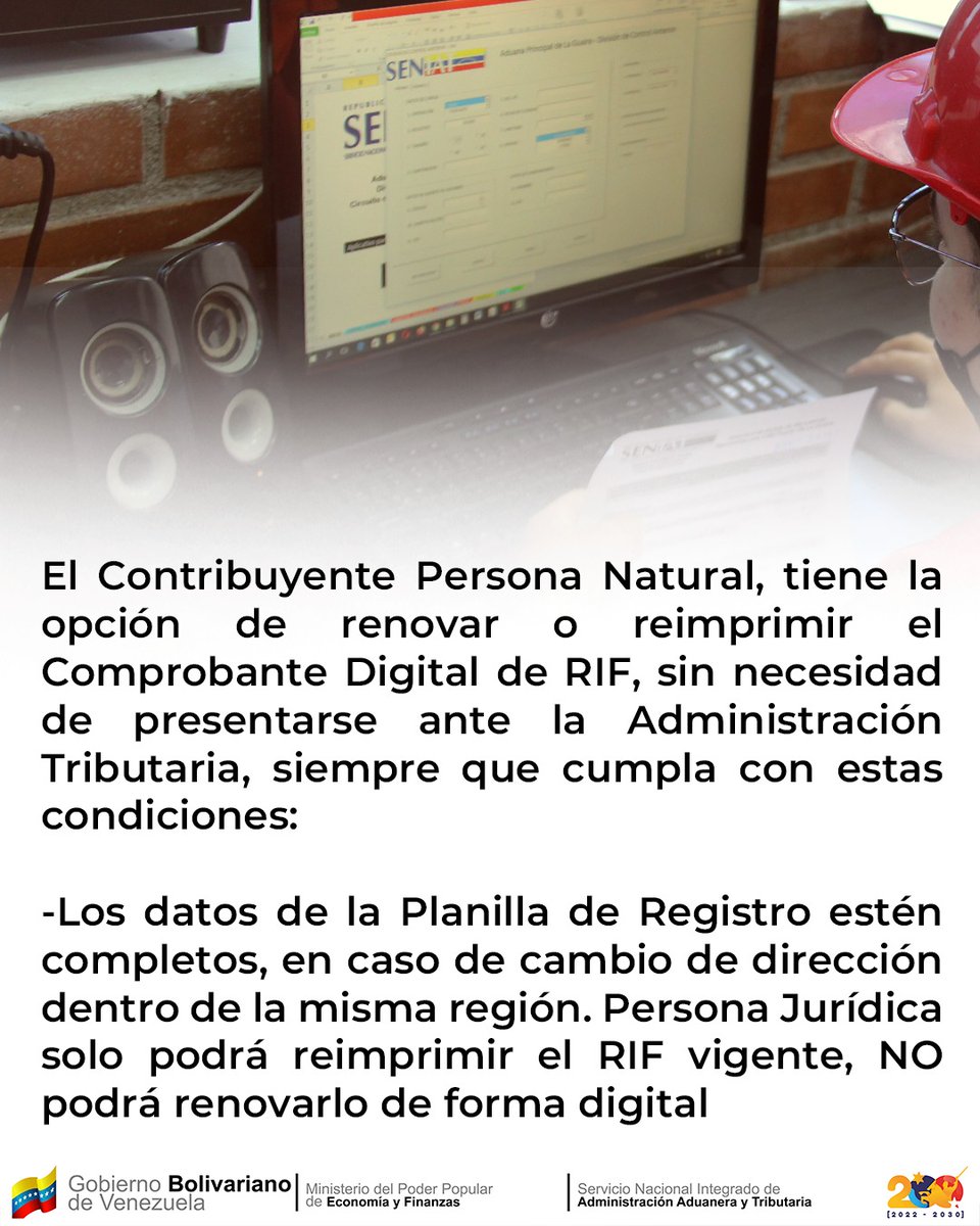 ¡Atención, contribuyente! 🚨 

Si necesitas renovar o reimprimir tu Comprobante Digital de RIF, ¡ahora puedes hacerlo más fácil! 

#ActualizaTuRIF #PortalSENIAT #TrámitesDigitales #TipsTributarios #Seniat #Venezuela #Impuestos #ISLR #NicolasMaduro