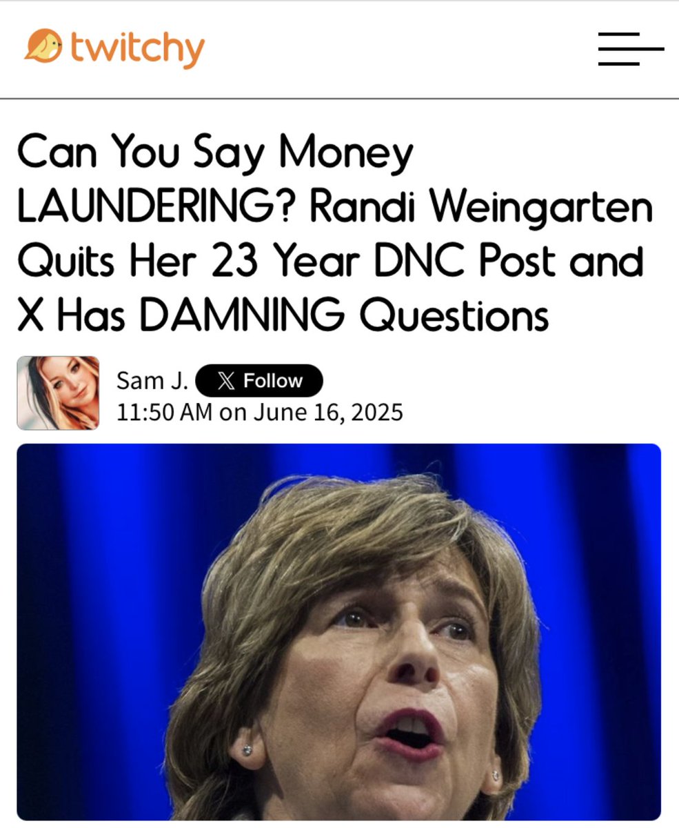 Seems like a YUGE conflict of interest, yeah?

Can You Say Money LAUNDERING? Randi Weingarten Quits Her 23 Year DNC Post and X Has DAMNING Questions 

twitchy.com/samj/2025/06/1…