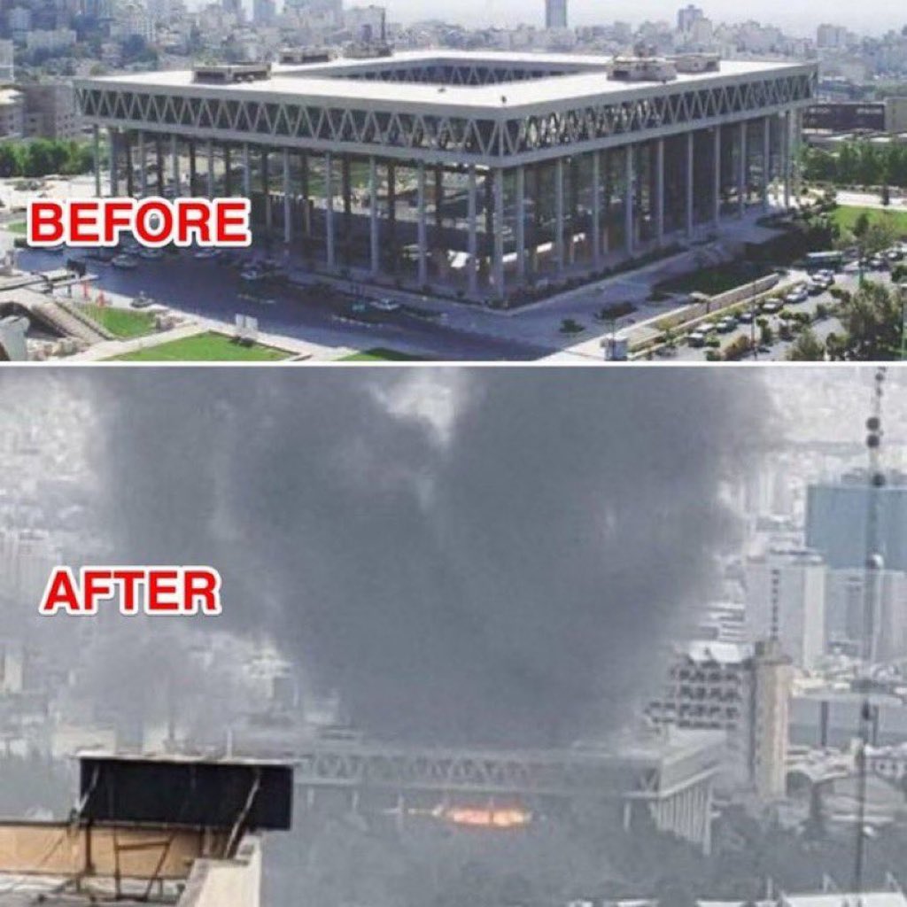 realtalkstruth's tweet photo. BEFORE &amp; AFTER. 🚨 Israel just struck TV studios in Iran as they were LIVE ON AIR. https://t.co/fM9VRk8Lyv
