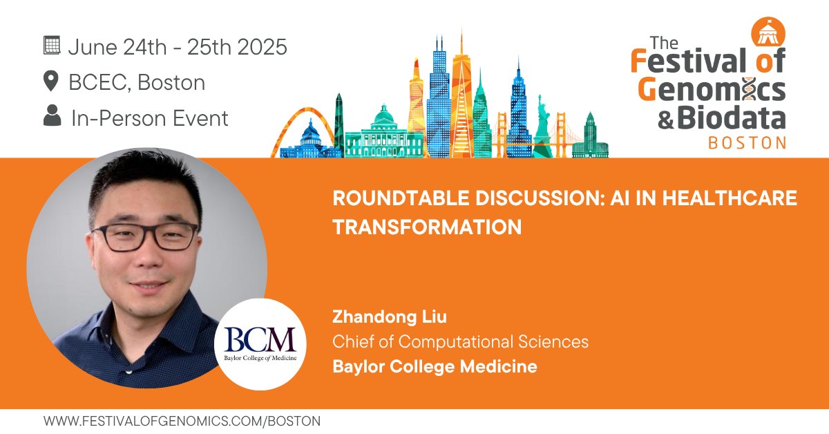 We can’t wait to hear from <a href="/ZhandongLiu/">Zhandong Liu</a> (Chief of Computational Sciences, <a href="/BCMFromtheLabs/">From the Labs at Baylor College of Medicine</a>) in the AI in Health Transformation roundtable discussion, taking place at The Festival of Genomics &amp; Biodata in Boston. Register now: hubs.la/Q03rqk-40 #FOGBoston