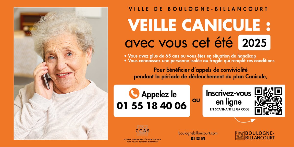 [ VEILLE CANICULE 🌞 ] Vous avez plus de 65 ans ou êtes en situation de handicap ? Vous connaissez une personne isolée ou fragile concernée ? Pour bénéficier d'appels cet été en cas de canicule, inscrivez-vous au 01 55 18 40 06 ou en ligne. 

📝 Les formulaires d'inscriptions