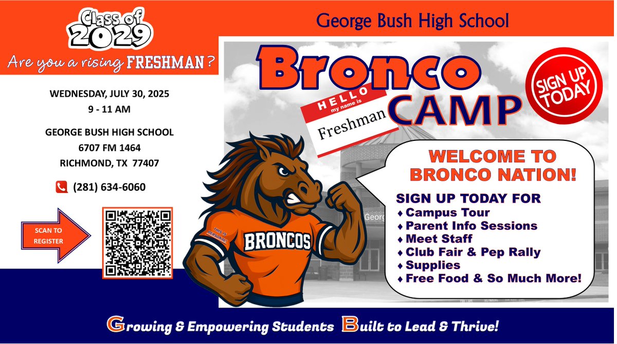 🎉 Hey Future Broncos! 🐴
Ready to kick off your high school journey the right way? Then don’t miss Bronco Camp on July 30, your official welcome to Bronco Nation!
✅ Scan the QR code to register
🎈 Free fun, new friends, insider tips, and a head start on being awesome. This