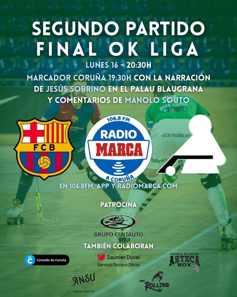 🏑 El <a href="/HockeyClubLiceo/">Hockey Club Liceo 🥬</a> jugará esta tarde, a las 20:30h, el segundo partido de la final del playoff de la OK Liga. 

👉 ¡Desde las 19:30h te esperamos en #MarcadorCoruña!

🎙 <a href="/JesusSobrinoGos/">Jesús Sobrino</a>
🗣️ Manolo Souto
👨‍💻 XA Rivero