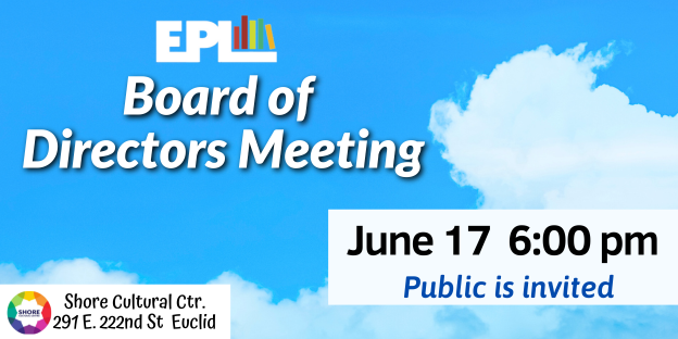 EuclidLibrary's tweet photo. Euclid Public Library Board of Trustees will convene for a meeting on June 17 at 6:00 pm at the Shore Cultural Centre in room 41. The public is invited to attend. For more info visit: https://t.co/QOd4Nqbya2
#OurEuclid #libraryboard https://t.co/ILmMYxM3Ee