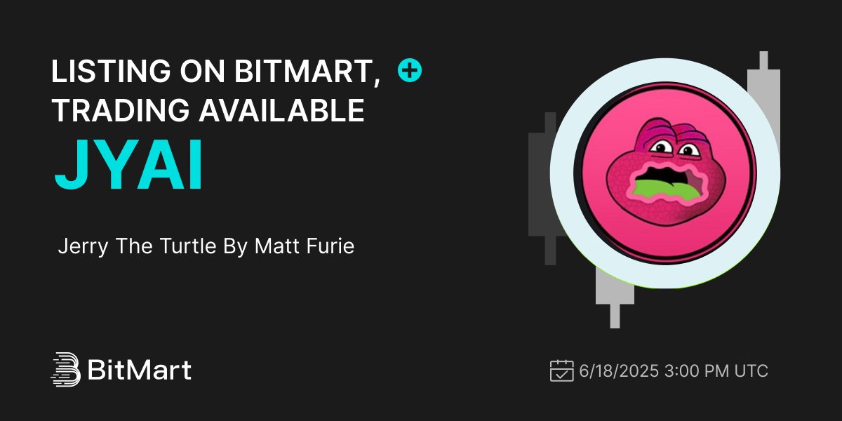 BitMartExchange's tweet photo. #BitMart will list Jerry The Turtle By Matt Furie(JYAI) @JYAI_JERRY in our digital assets platform on 6/18/2025 🤩

 💰Trading pair: JYAI/USDT
 💎Deposit: 06/17/2025 3:00 PM UTC
 💎Trading: 06/18/2025 3:00 PM UTC 

 Learn more: https://t.co/1NXqGkW3CY
 Register now: https://t.co/2GZTHS1OVs