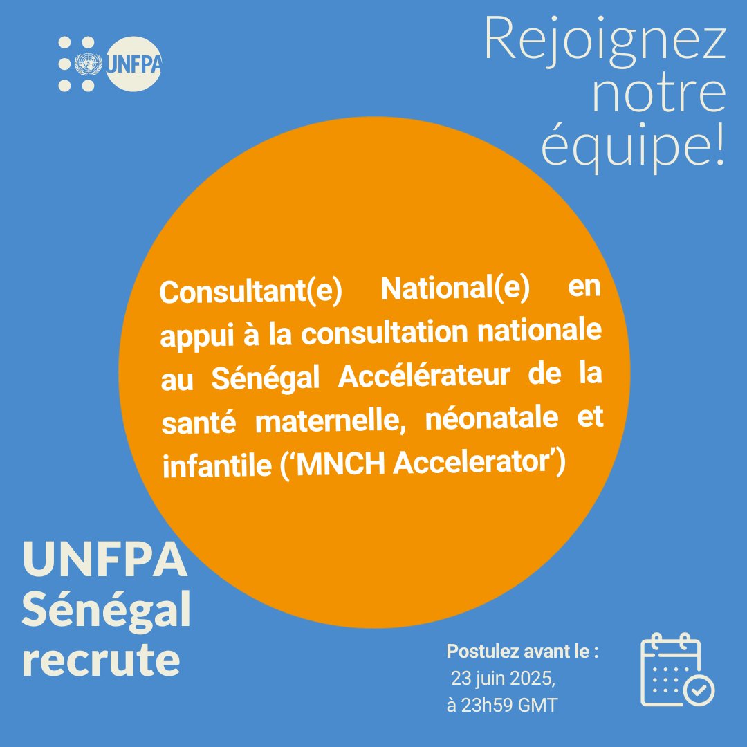 - UNFPA Sénégal recrute :
✅Consultant(e) National(e) Accélérateur SMNI
✅Type de contrat : Consultant
✅Clôture de l'offre : 23/06/2025
✅Lien : unf.pa/4n8ASGg