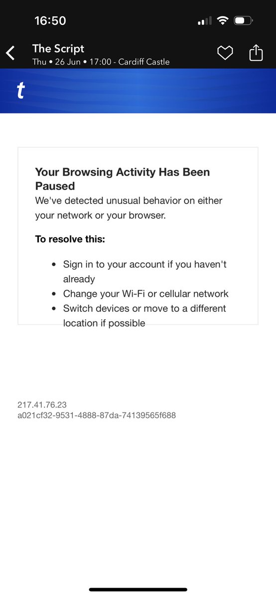 jesswlfan's tweet photo. @TicketmasterUK  why am I getting this message if I try to order something I get this. So frustrating https://t.co/x9mtEIcn2G