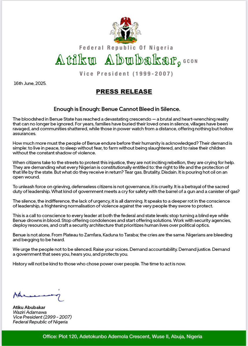 Benue Killings: Enough is enough" ~ <a href="/atiku/">Atiku Abubakar</a> 

#AAConnect