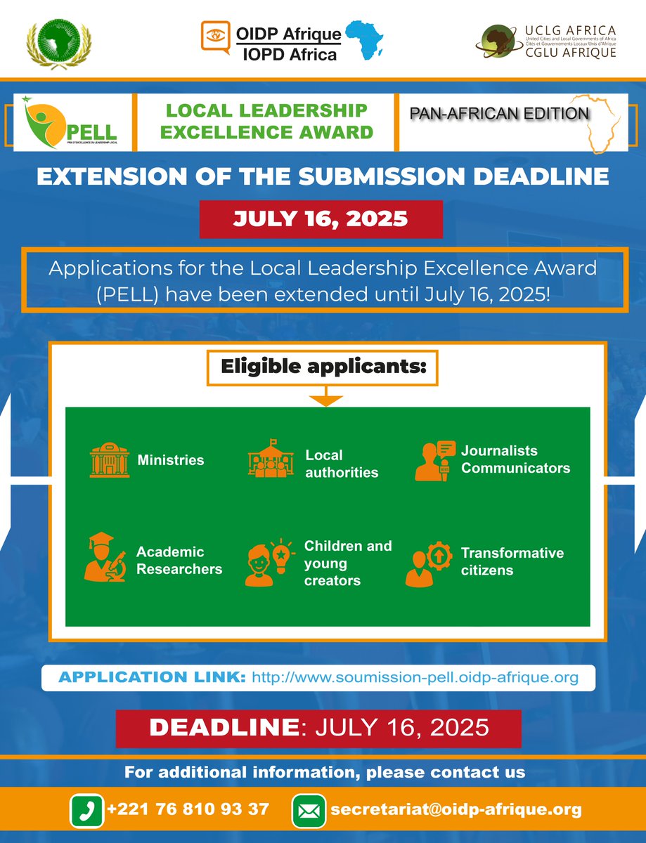 📍 IMPORTANT INFORMATION: Submission deadline extended to July 16, 2025

📝 Submit your application here:
🔗 soumission-pell.oidp-afrique.org/home

📅 Deadline: July 16, 2025
📞 More info: +221 76 810 93 37 (WhatsApp)
📧 secretariat@oidp-afrique.org