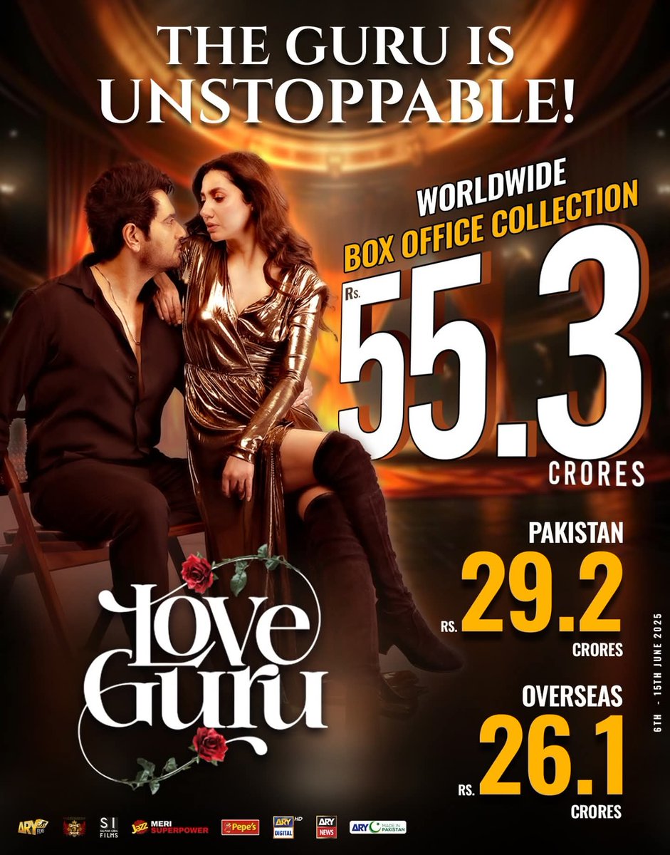 Love Guru, starring Humayun Saeed and Mahira Khan, continues to dominate overseas and in Pakistan, surpassing the 55 Cr mark at the Worldwide Box Office in just nine days. 
.
.
.
#LoveGuru #HumayunSaeed #MahiraKhan #BoxOfficeCollection #PakistaniFilm 🇵🇰