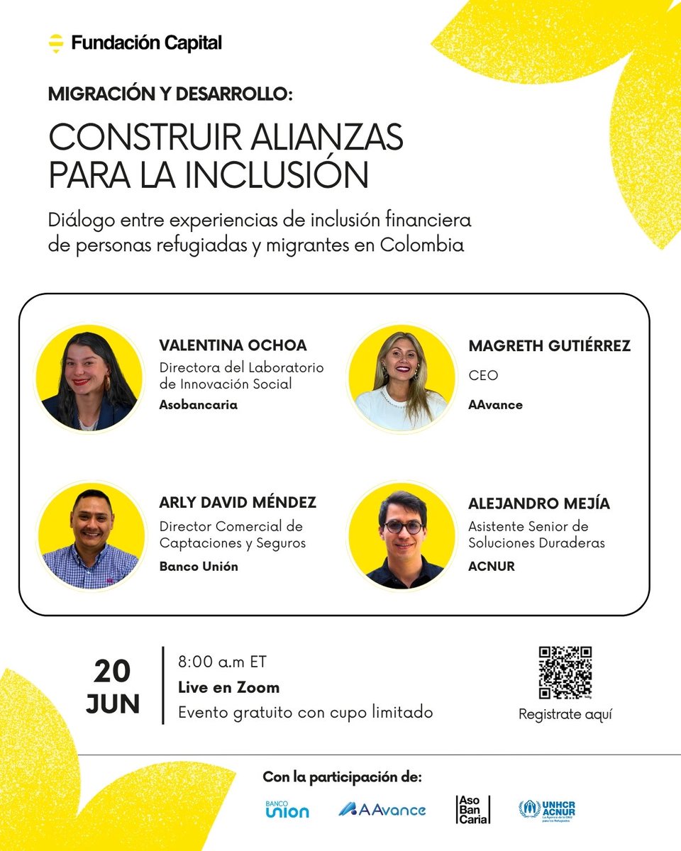 Este 20 de junio, en el marco del Día Mundial de los Refugiados, acompáñanos en la conversación 'Migración y desarrollo: construir alianzas para la inclusión'.

<a href="/ValentinaOchoaR/">Valentina</a>, directora del Laboratorio de Innovación Social de <a href="/Asobancaria/">Asobancaria Colombia</a>, compartirá experiencias para