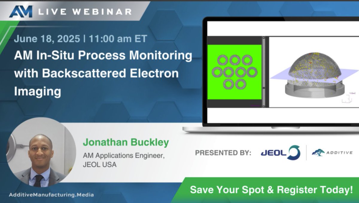 Join us for a live webinar on June 18 at 11:00 AM ET!

Learn how JEOL USA’s approach to in-situ process monitoring with backscattered electron imaging offers a new level of visibility in additive manufacturing.

Register now: lnkd.in/g6ruRv8Q

#JEOLUSA