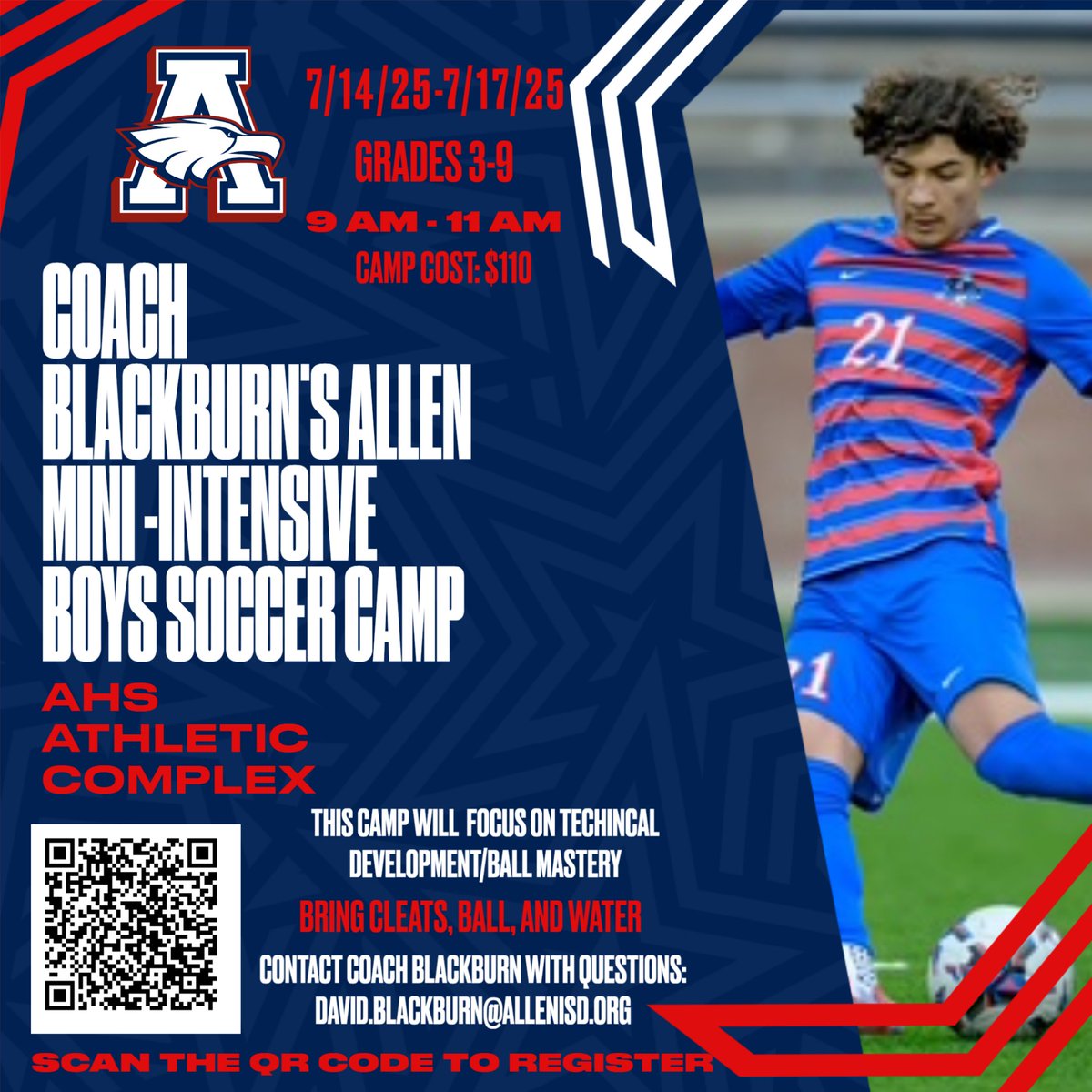 Want your kids to level up their soccer skills this summer? Join us for Coach Blackburn's Allen Mini- Intensive Boys Soccer Camp! If interested please scan the QR Code and sign up!