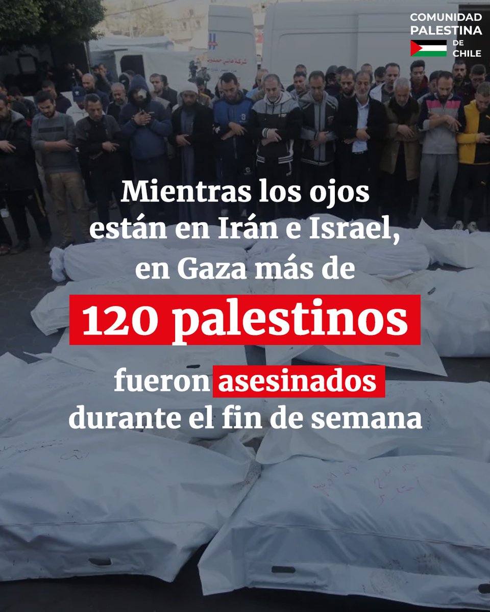 Mientras el mundo pone su atención en Irán e Israel, solo este fin de semana el ejército sionista asesinó a más de 120 palestinos e herido a más de 200.

A esto, se le suma el brutal bloqueo que Israel mantiene sobre Gaza, impidiendo la entrada de alimentos, agua, medicinas y