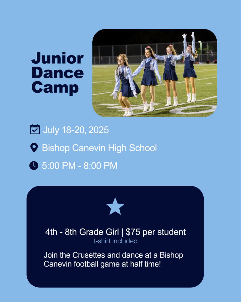 Bishop Canevin (@bishopcanevin) on Twitter photo π Junior Dance Camp Registration is open! π
π
July 18-20 from 5-8 PM
β 4th-8th Grade Girls
π£ Register by June 30th
Questions? Email crusettes@bishopcanevin.org.
bishopcanevin.org/bc-summer-campβ¦ π Junior Dance Camp Registration is open! π
π
July 18-20 from 5-8 PM
β 4th-8th Grade Girls
π£ Register by June 30th
Questions? Email crusettes@bishopcanevin.org.
bishopcanevin.org/bc-summer-campβ¦
