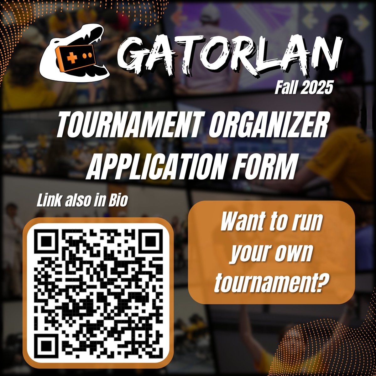 GatorLAN is only 4 months away! If you're interested in running a tournament, use the QR code below or visit the link in our bio to sign up!