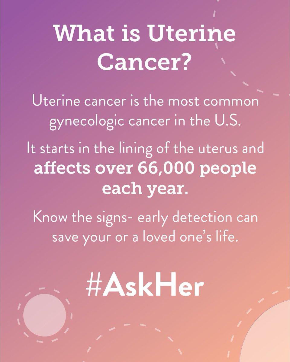 Most people don’t know that uterine cancer is the most common gynecologic cancer in the U.S.  That’s a problem—and we’re here to change it.

Ask her. Talk about the symptoms. Share the facts.

Learn more:
shorturl.at/8LoGZ

#AskHer #CancerEducation #GynCancer