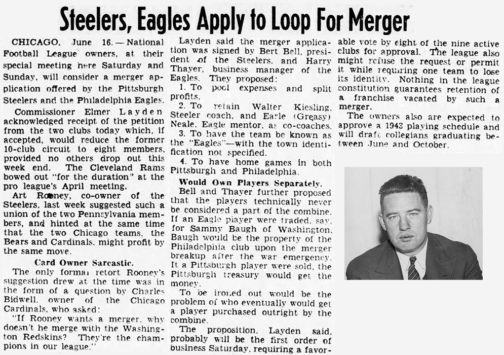 Gordon Dedman (@steeluk) on Twitter photo #OTD in #SteelersHistory 1943 AP brought the merger of the #Steelers and the Eagles to #NFL fans attention as WW2 continued to drain the players availability while they wore a different uniform. #OTD in #SteelersHistory 1943 AP brought the merger of the #Steelers and the Eagles to #NFL fans attention as WW2 continued to drain the players availability while they wore a different uniform.