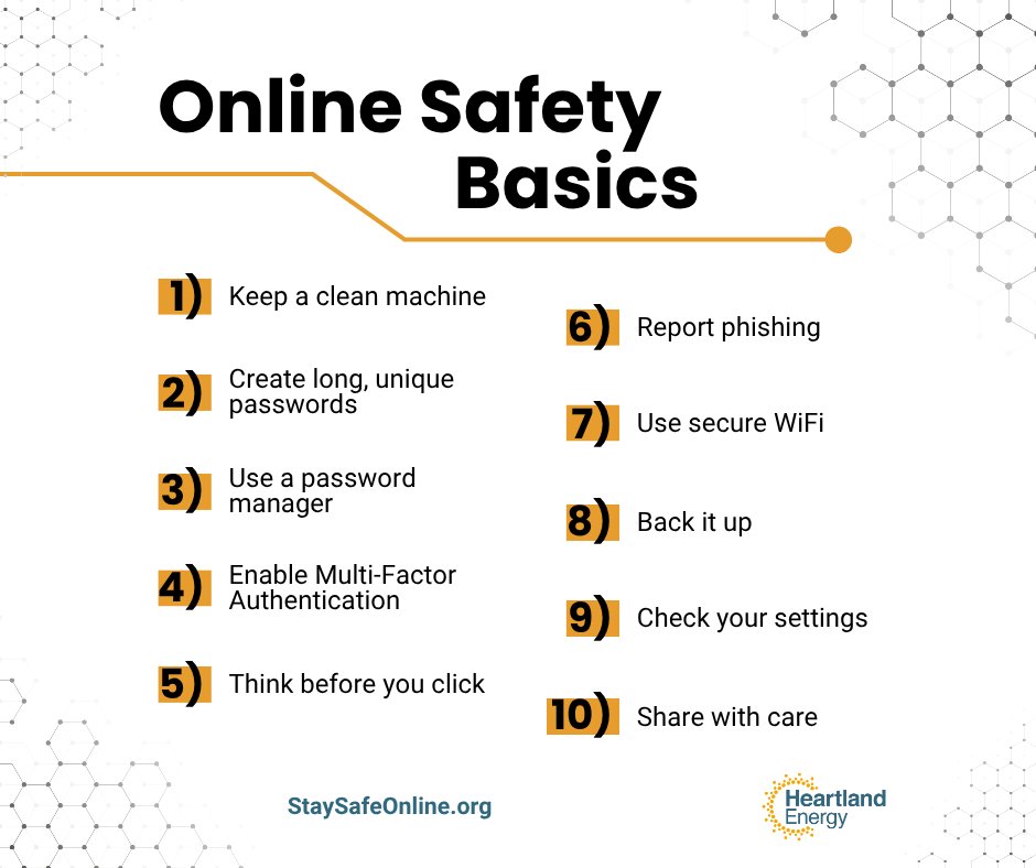 June is #InternetSafetyMonth! 👨‍💻

From strong passwords to spotting scams, we've got 10 simple tips from National Cybersecurity Alliance (@staysafeonline) to help you protect your personal info and avoid online trouble. 

📋: ow.ly/Hr4f50W9eX2

#cybersecurity #publicpower