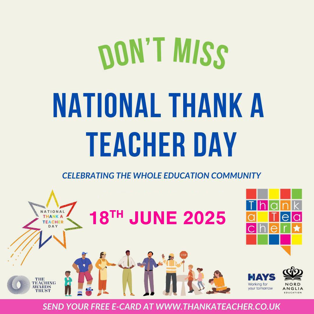 Wednesday 18th June is National Thank A Teacher Day where we celebrate our staff who all go above and beyond to make a difference to our students' lives.
We'd like for you to send an e-card to a member of staff you would like to acknowledge by visiting ➡️ thankateacher.co.uk