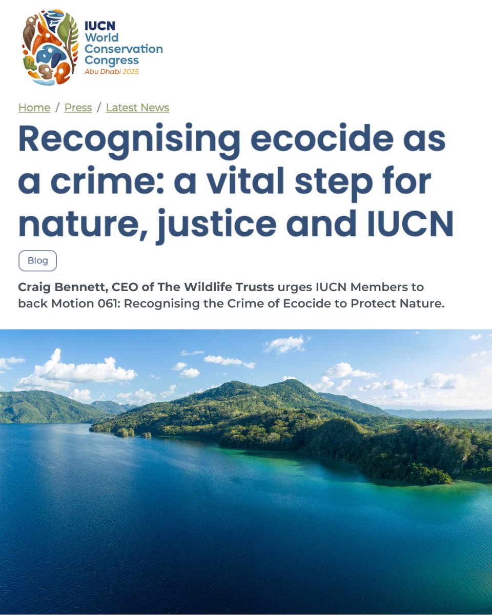 Stop Ecocide International (@ecocidelaw) on Twitter photo "There has been a nature-shaped hole in international criminal law for far too long"
In a new article, <a href="/CraigBennett3/">Craig Bennett</a>, CEO of <a href="/WildlifeTrusts/">The Wildlife Trusts</a> urges <a href="/IUCN/">IUCN</a> members to support Motion 061: recognising the crime of #ecocide.
Article🔗 iucncongress2025.org/press/all-news…
#StopEcocide "There has been a nature-shaped hole in international criminal law for far too long"
In a new article, <a href="/CraigBennett3/">Craig Bennett</a>, CEO of <a href="/WildlifeTrusts/">The Wildlife Trusts</a> urges <a href="/IUCN/">IUCN</a> members to support Motion 061: recognising the crime of #ecocide.
Article🔗 iucncongress2025.org/press/all-news…
#StopEcocide