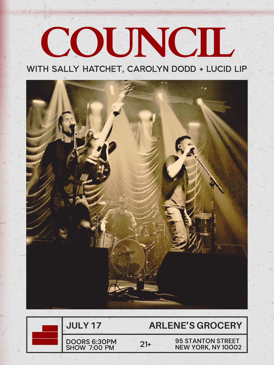 We are excited to be back in NYC and play at the legendary @arlenesgrocery 

#council #councilband #nyc #newyorkcity #livemusic #arlenesgrocery #lowereastsidenyc #nycmusic #music #musicians #drummer #guitarist #singer #rockband