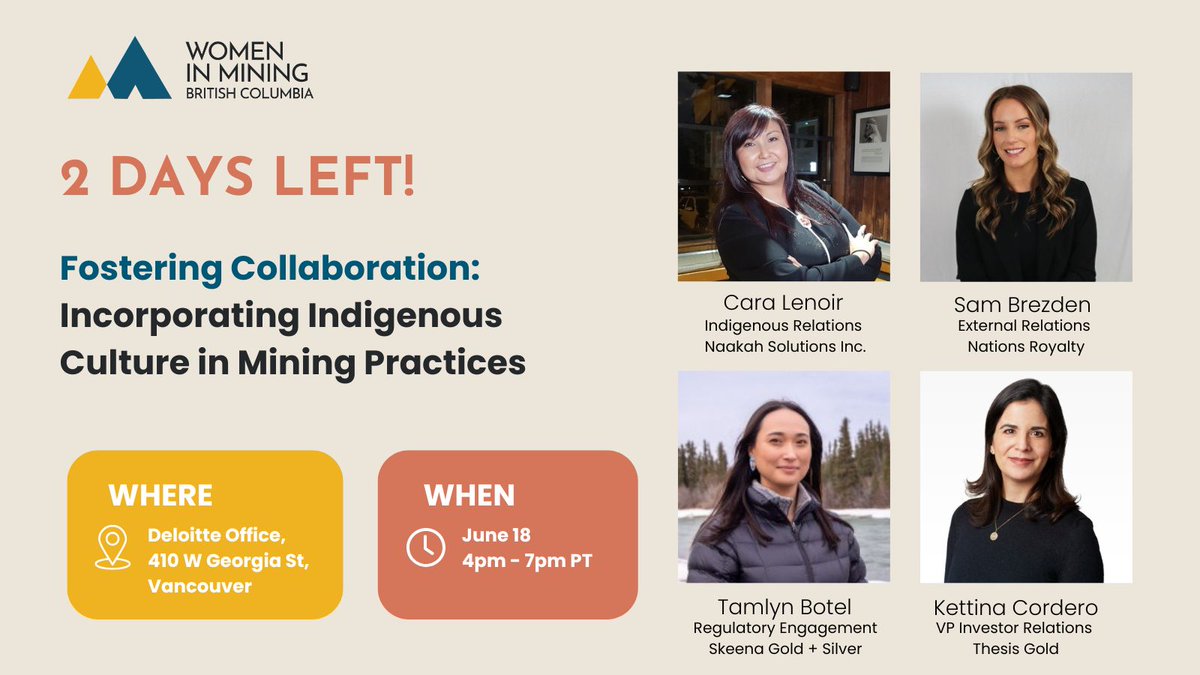 WIMBC (@wimbc) on Twitter photo ⏳ Only 2 days left! Spots are running fast.
In recognition of Indigenous History Month, WIMBC—together with sponsors <a href="/Deloitte/">Deloitte</a> and <a href="/GoldThesis/">Thesis Gold Inc - TSXV:TAU | OTCQX:THSGF | FRA:011</a> —is proud to host a powerful in-person event on reconciliation in the mining industry:
🎙️ Fostering Collaboration: Incorporating ⏳ Only 2 days left! Spots are running fast.
In recognition of Indigenous History Month, WIMBC—together with sponsors <a href="/Deloitte/">Deloitte</a> and <a href="/GoldThesis/">Thesis Gold Inc - TSXV:TAU | OTCQX:THSGF | FRA:011</a> —is proud to host a powerful in-person event on reconciliation in the mining industry:
🎙️ Fostering Collaboration: Incorporating