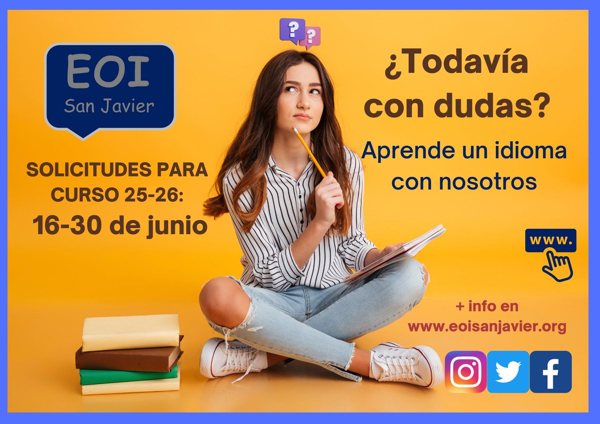 Si  aún tienes dudas, este es tu sitio: #escuelasoficialesdeidiomas San Javier + Torre Pacheco <a href="/Ayto_Pinatar/">Ayuntamiento de San Pedro del Pinatar</a> <a href="/Ayto_SanJavier/">Ayto. San Javier</a> <a href="/TPacheco_Ayto/">Ayto. Torre Pacheco</a> <a href="/phoradada/">Pilar de la Horadada</a> <a href="/AytoLosAlczares/">Ayuntamiento de Los Alcázares</a> <a href="/AMPREOI/">AMPREOI</a> <a href="/Educarm/">Educarm</a> <a href="/sepiegob/">SEPIE</a> <a href="/nodoycnelnombre/">Ana Fernández</a> <a href="/AsociacionAmae/">AMAE Asociación Mediterránea Amigos de Erasmus</a> #educaciónpública
#calidad