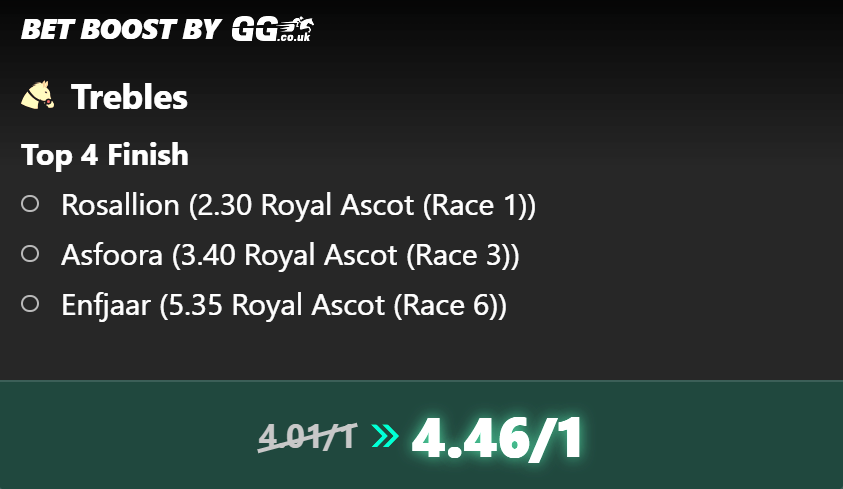 ggcouk's tweet image. GG's @bet365 BOOSTED BETS 😎

🔋 Rosallion (2:30 Asc), Asfoora (3:40 Asc), &amp;amp; Enfjaar (5:35 Asc) all to finish in the TOP 4!

BOOSTED HERE: bet365.com/dl/pb/GG?affil…

18+ GambleAware Ts&amp;amp;Cs #Ad