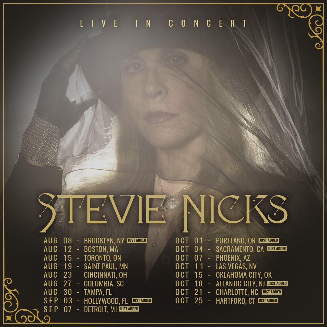 StevieNicks's tweet image. New shows just added! ✨ Hope to see you out there.
Love, Stevie
🎟️ Presales begin Wednesday, June 18 at 10am local
🕊️ General on sale starts Friday, June 20 at 10am local
stevienicksofficial.com/tour