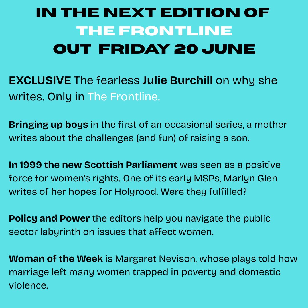 EthelWrites's tweet image. Excited to present our full line-up for Issue 2, out on Friday 20 June.
Early hopes for Holyrood, bringing up boys, early C20th activism against domestic violence... and of course an exclusive from Julie Burchill.
Find us and subscribe here frontlinewomen.substack.com