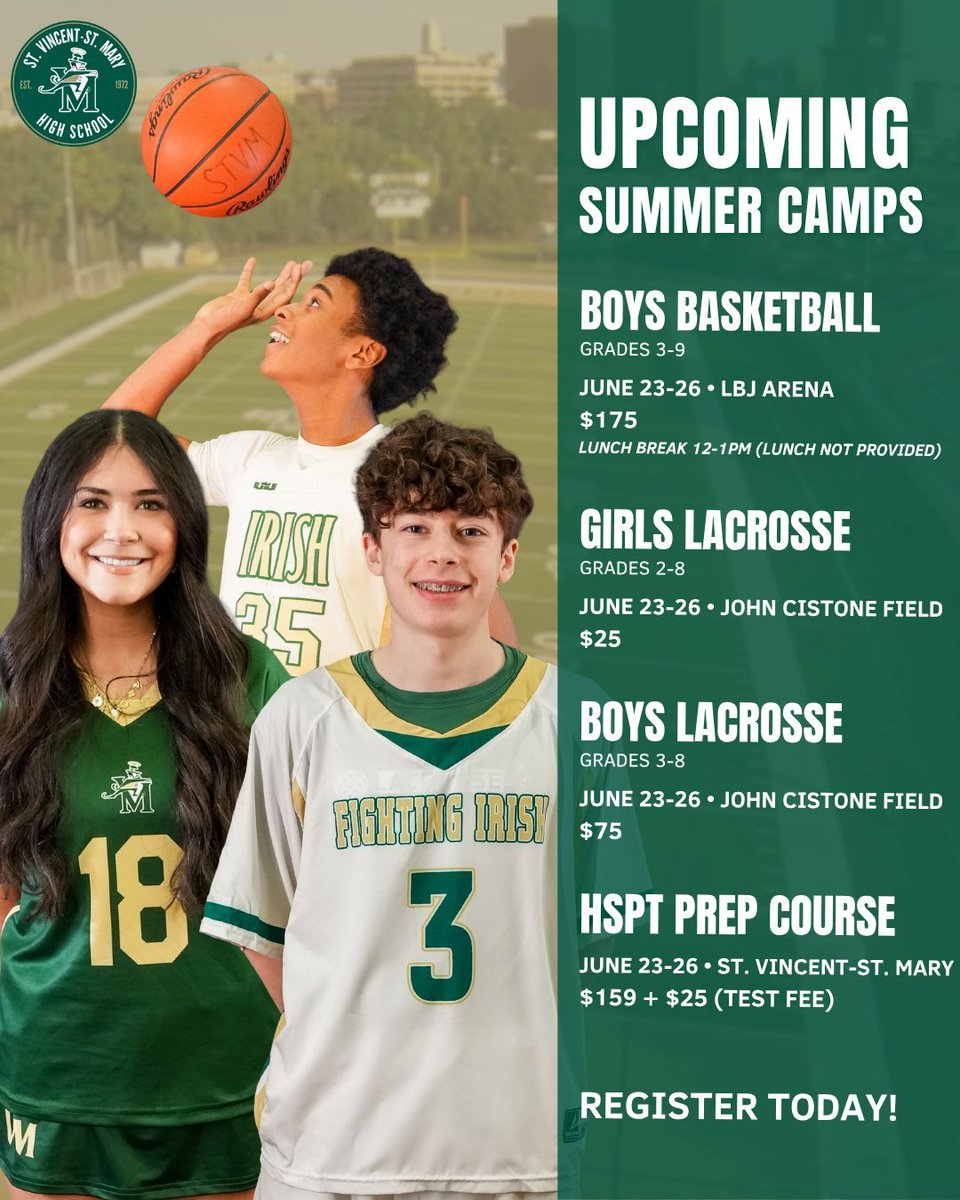 1 week away! STVM Summer Camps start June 23! ☘️
🏀 Boys Basketball
🥍 Girls LAX
🥍 Boys LAX
✏️ HSPT Prep

Don’t miss it — register now: buff.ly/RaCzmdP
#STVM #LacrosseCamp #BasketballCamp #HSPT #HighSchoolPlacementTest #TestPrep #STVMFamily #YouthSports #AkronCamps