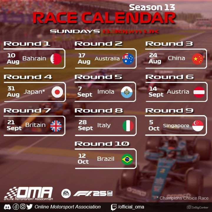 Signs ups are open for our upcoming season on F1 2025!

 When?
- Sundays,
- 8.30pm UK,
- 50% race,
- Starting August 10th,

Head over to our Discord to learn more!

&gt;discord.gg/jUDRntcSce &lt;
&gt;linktr.ee/Official_OMA &lt;

Happy racing!