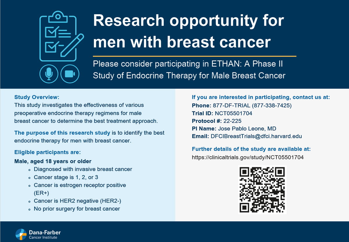 DFCI_BreastOnc's tweet photo. @DFCI_BreastOnc and @TheTBCRC are leading the #ETHANstudy, which evaluates endocrine therapies to identify the best treatment for men with ER+/HER2- breast cancer prior to surgery.  #MaleBreastCancer
For more information call 877-338-7425 or visit:
https://t.co/wmcrnUWvXR https://t.co/VUSnk5sxOQ
