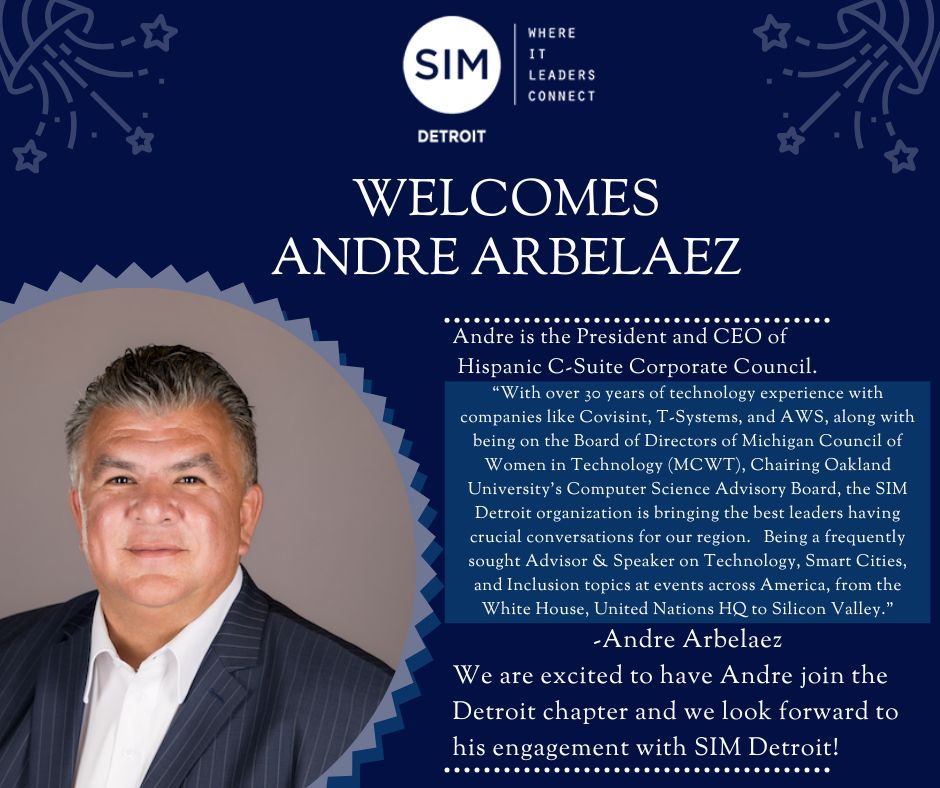 SIM Detroit would like to welcome one of our newest members, Andre Arbelaez. 

For more information about SIM memberships, look at our website: https:/buff.ly/3Wp41j1
