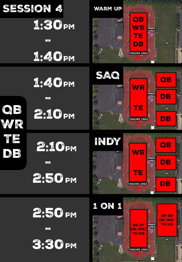 Session 4

Check in: 12:00pm-1:30pm
Showcase: 1:30pm-3:30pm
Each Athlete will have 30 mins to chat with college coaches at the conclusion of their session. 

Players and coaches are only allowed on the field. Parents please stay in the stands or around the fence.