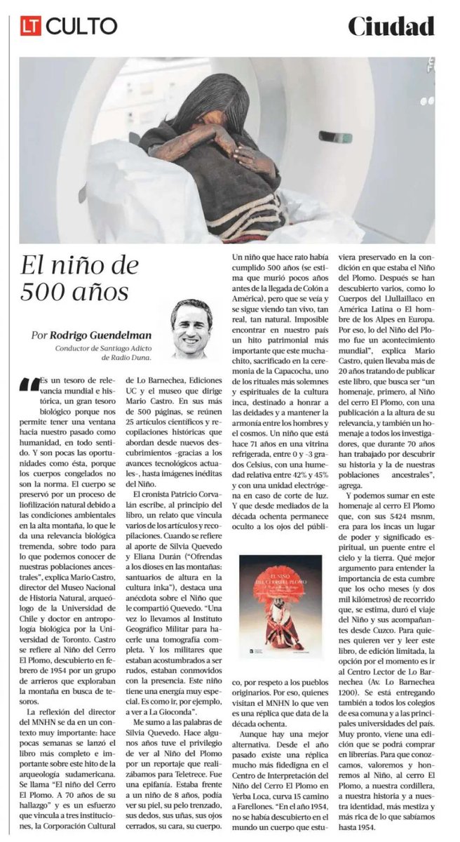 Museo Nacional de Historia Natural (@mnhncl) on Twitter photo 📰 A días de un nuevo Inti Raymi, columna de Rodrigo @Guendelman en <a href="/CultoLT/">Culto LT</a> de <a href="/latercera/">La Tercera</a> , sobre "El Niño del cerro El Plomo. A 70 años de su hallazgo" 🧒🏻🗻, compilado por nuestro director, Mario Castro, y editado por <a href="/edicionesuc/">Ediciones UC</a>, junto con la Corp. Cultural de Lo Barnechea. 📰 A días de un nuevo Inti Raymi, columna de Rodrigo @Guendelman en <a href="/CultoLT/">Culto LT</a> de <a href="/latercera/">La Tercera</a> , sobre "El Niño del cerro El Plomo. A 70 años de su hallazgo" 🧒🏻🗻, compilado por nuestro director, Mario Castro, y editado por <a href="/edicionesuc/">Ediciones UC</a>, junto con la Corp. Cultural de Lo Barnechea.