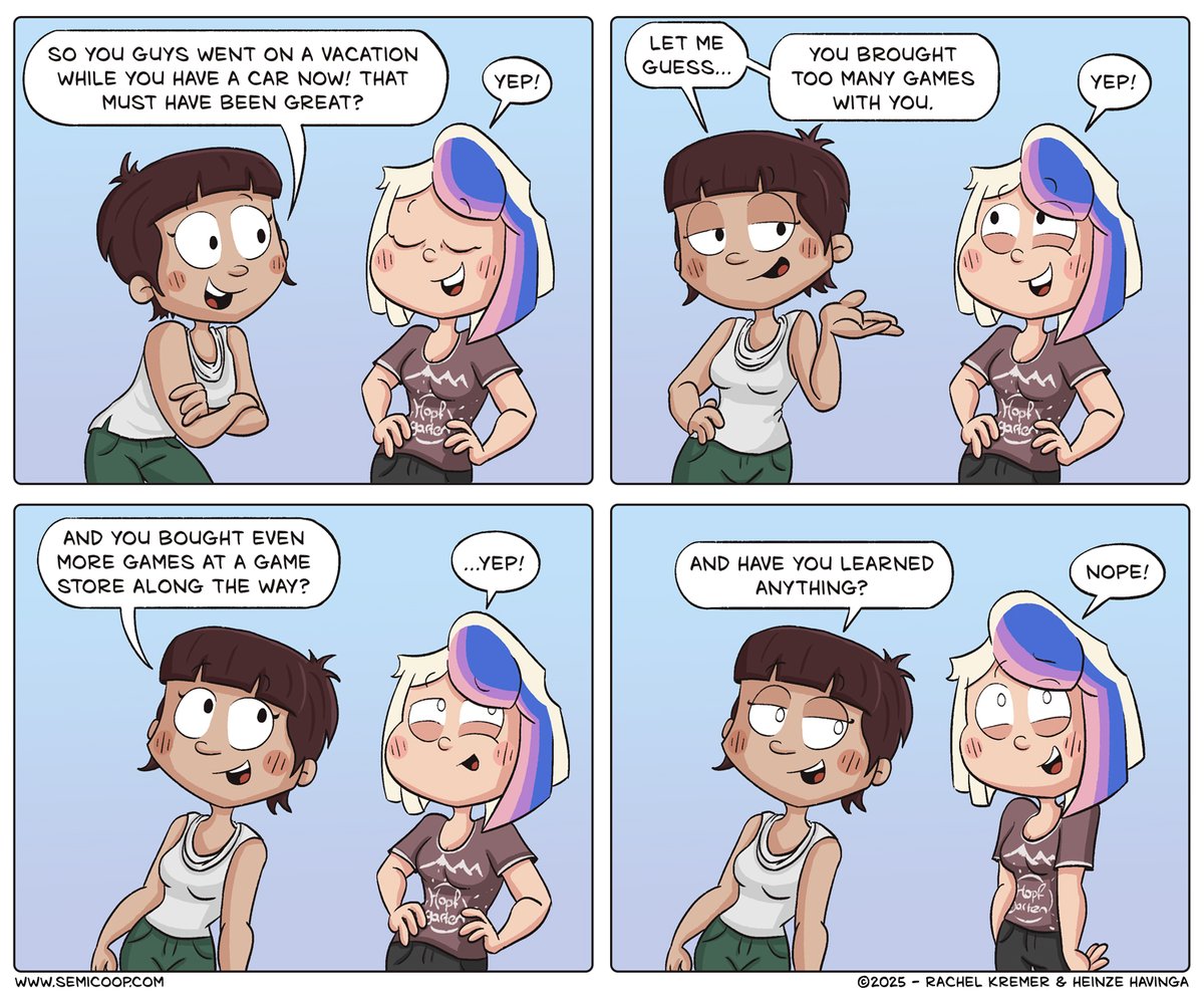 semicoop's tweet image. New comic! 🚗🎲 Vacation with a car? More space for board games! What’s your record for games brought on a trip? 😅
You can read what we did last week over here:
semicoop.com/comic/game-of-…