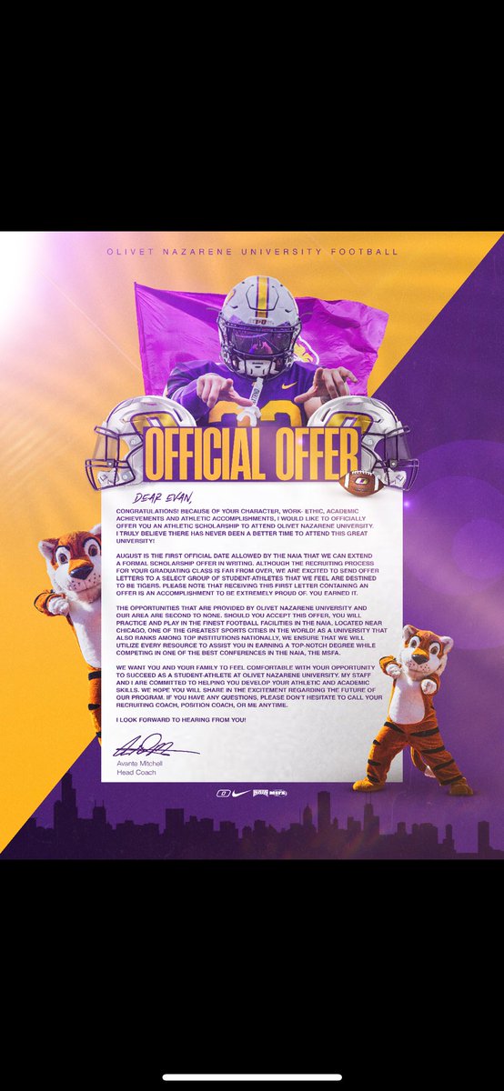 Evan Brubaker (@evan_brubaker74) on Twitter photo After conversation with Coach Allen I am blessed to receive another offer from Olivet Nazarene University! Looking forward to the future. #fearTheStreak
<a href="/CarrollFB/">Carroll Football</a> <a href="/Coach_DGilbert/">DeShawn Gilbert</a> <a href="/T_Wilson11/">Coach T. Wilson</a> <a href="/CoachJoshAl10/">CoachJoshAl</a> <a href="/CoachTreC/">Tre Collins</a> <a href="/Taber_77/">Coach Taber</a> <a href="/PatrickSharpeFB/">Patrick Sharpe</a> <a href="/KeeversChris/">Chris Keevers</a> <a href="/UIndyFB/">UIndy Football</a> After conversation with Coach Allen I am blessed to receive another offer from Olivet Nazarene University! Looking forward to the future. #fearTheStreak
<a href="/CarrollFB/">Carroll Football</a> <a href="/Coach_DGilbert/">DeShawn Gilbert</a> <a href="/T_Wilson11/">Coach T. Wilson</a> <a href="/CoachJoshAl10/">CoachJoshAl</a> <a href="/CoachTreC/">Tre Collins</a> <a href="/Taber_77/">Coach Taber</a> <a href="/PatrickSharpeFB/">Patrick Sharpe</a> <a href="/KeeversChris/">Chris Keevers</a> <a href="/UIndyFB/">UIndy Football</a>