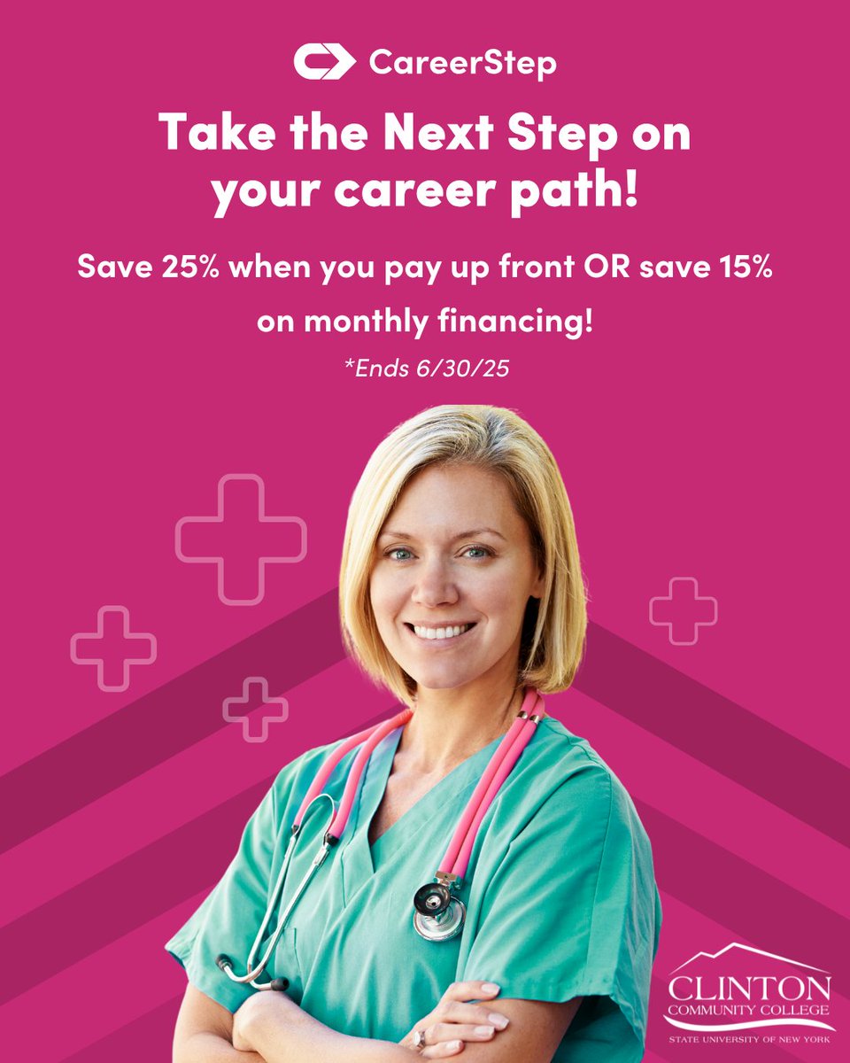 💻 Start your healthcare career online with Clinton Community College + CareerStep!

✅ Save 25% when you pay up front
✅ Or save 15% with monthly financing
📞 Call 877.225.7151 to learn more
🔗 Explore programs: careerstep.com/lp/partner/ap/…
⏳ Offer ends 6/30!