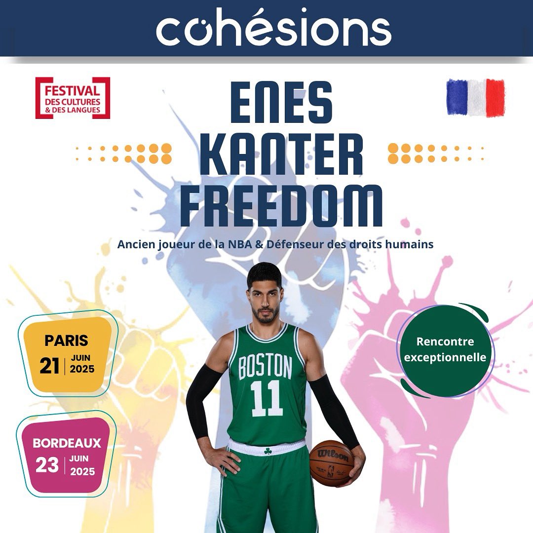 📣 Rencontre exceptionnelle avec <a href="/EnesFreedom/">Enes Kanter FREEDOM</a> 
Ancien joueur de la <a href="/NBA/">NBA</a> &amp; Défenseur des droits humains ✊🏀

🗓️ Paris – 21 juin 2025 au Festival des Cultures et des Langues 
🗓️ Bordeaux – 23 juin 2025

Deux événements à ne pas manquer !